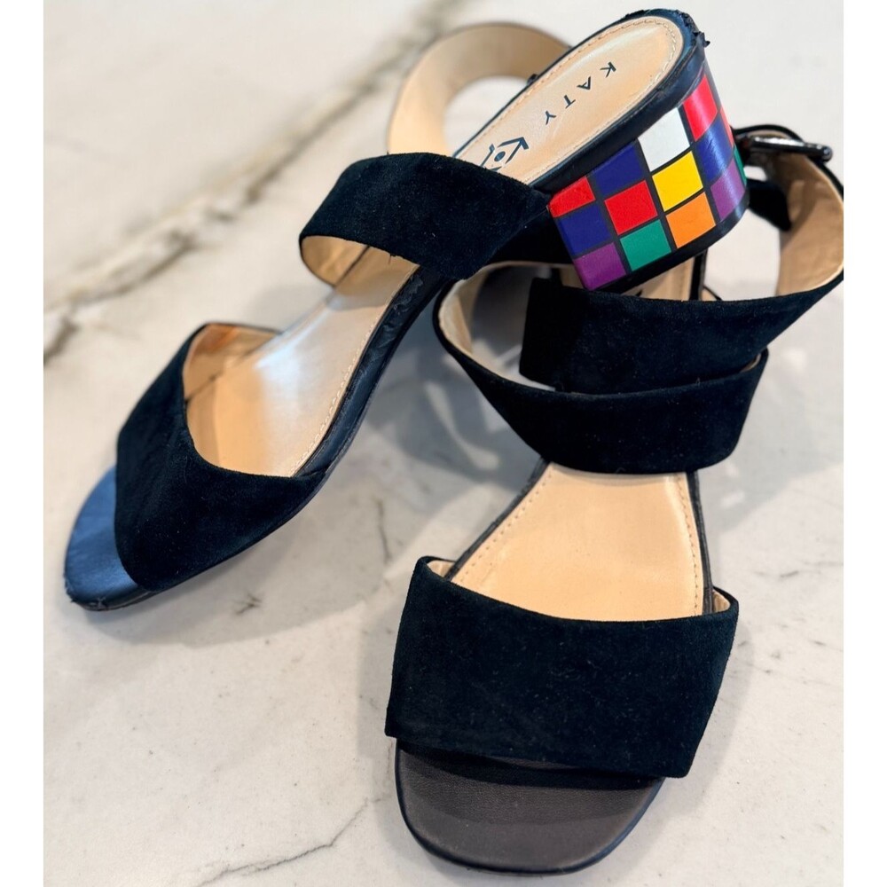 Katy Perry The Margot Rubiks Cube Block Heel  Open Toe Black Suede~/Sz~7.5